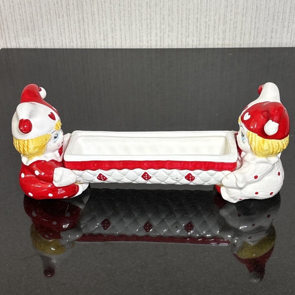 Vintage Harlequin Pixie Dish MCM Ceramic Candy Red Holiday Jester Vanity Holder - Picture 5 of 12